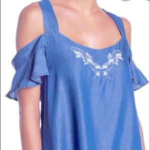 Women’s Chambray Embroidered Cold Shoulder Top
